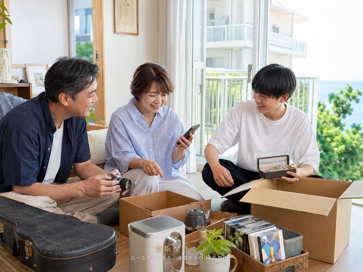 小笠原村で引越しや家族宅整理の出張買取を相談するイメージ 小笠原村の住宅で日本人家族が引越し前の品物を整理しながら出張買取を相談しているイメージ