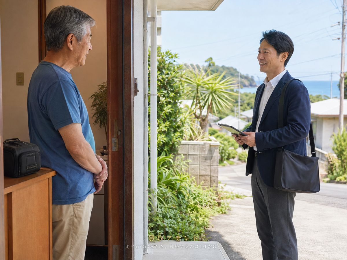 小笠原村の父島と母島で出張買取を相談するイメージ 小笠原村の海が見える住宅地で出張買取スタッフが玄関外から訪問しているイメージ