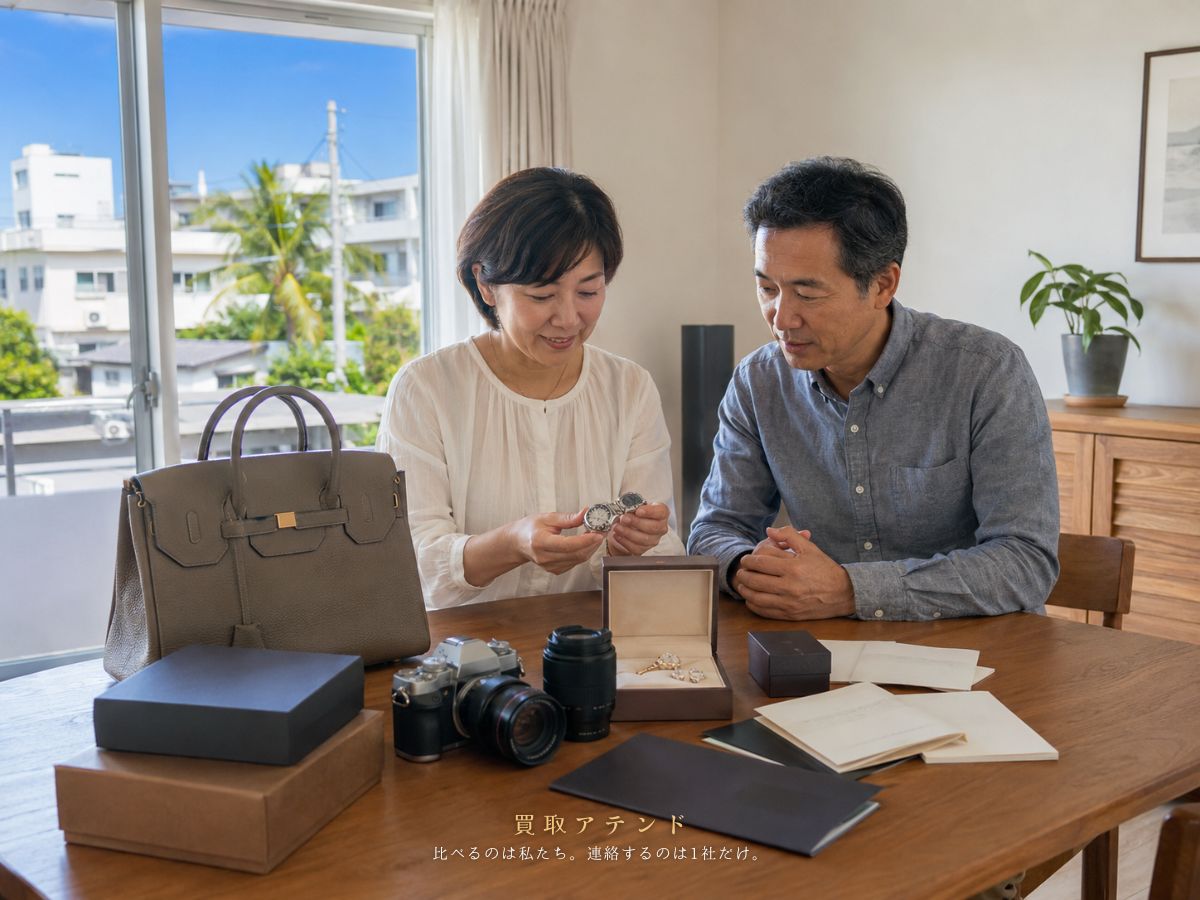 小笠原村で出張買取を相談できる品物のイメージ 小笠原村の住宅でブランド品や時計やカメラなどの買取相談品を確認しているイメージ