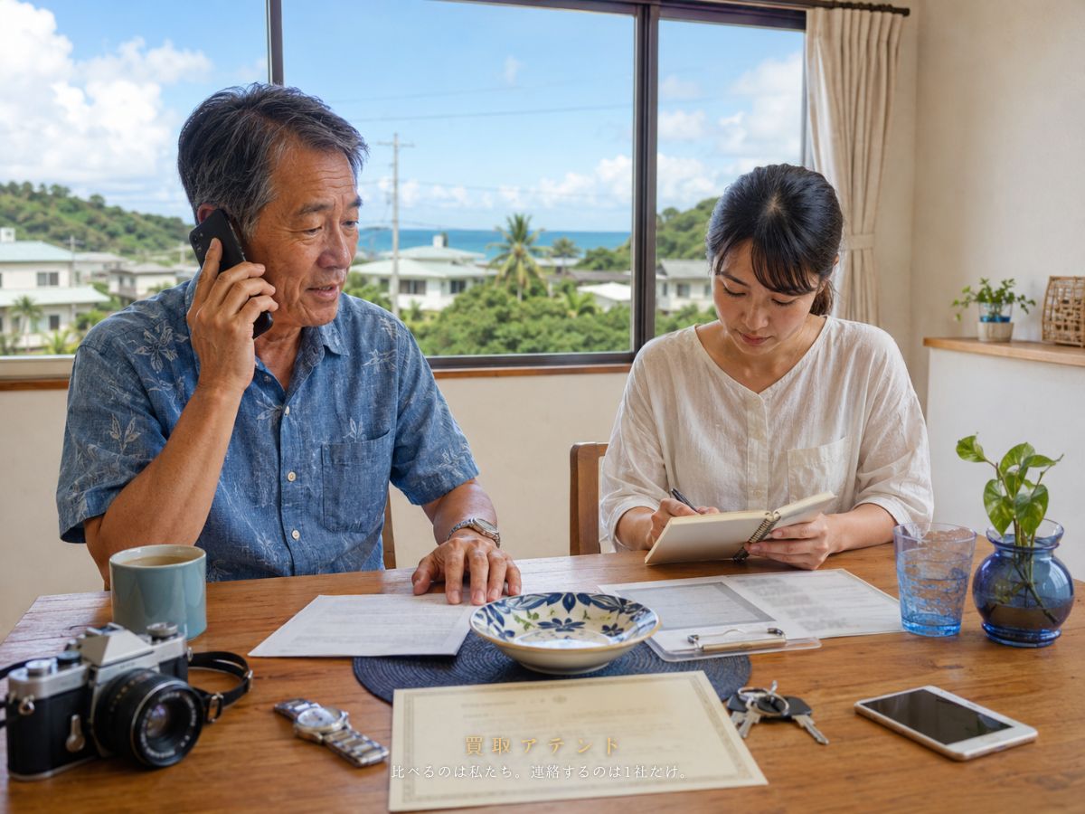 小笠原村の出張買取相談前に電話とメモで確認するイメージ 日本人家族が小笠原村の住宅で電話とメモを使い出張買取の品物と訪問条件を確認しているイメージ