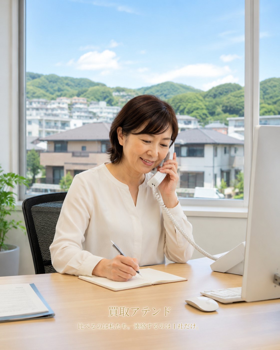 大井町の出張買取相談を電話で確認するイメージ 日本人スタッフが大井町の住宅条件や出張買取相談内容を電話で確認しているイメージ