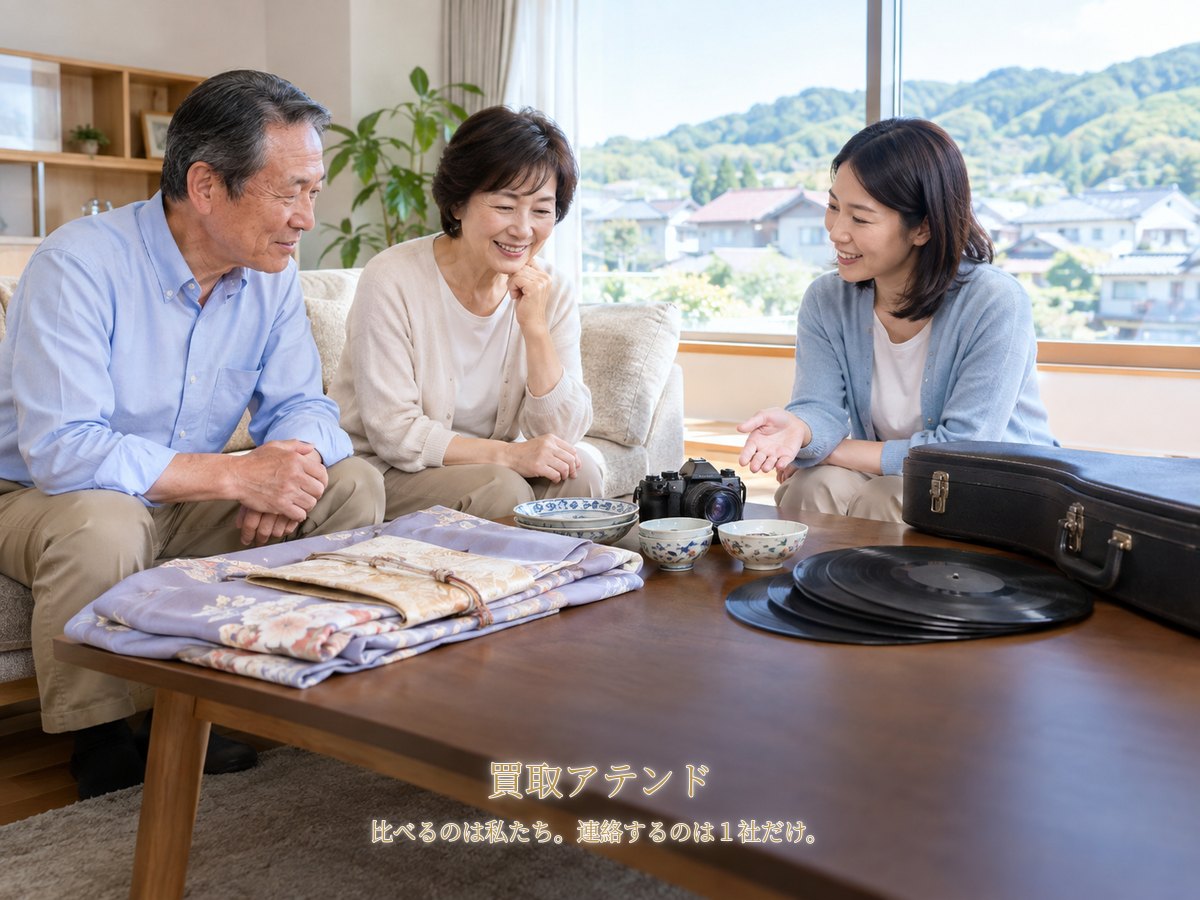 大井町の自宅で出張買取の相談品を確認するイメージ 大井町の丘陵側を望む戸建てで日本人家族が着物や食器、カメラ、レコード、楽器を確認するイメージ