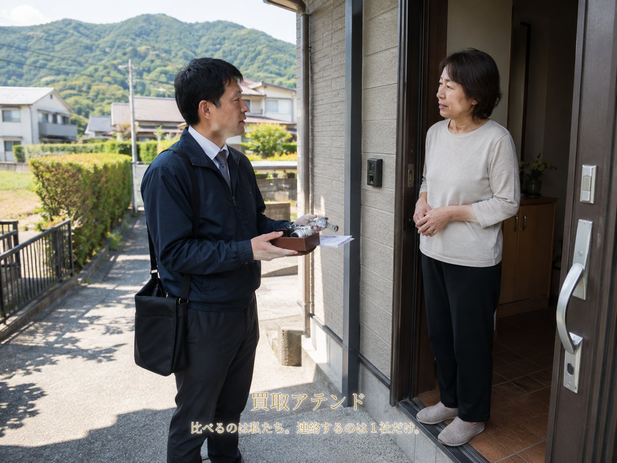 大井町の自宅玄関で行う出張買取査定のイメージ 大井町の戸建て玄関で住人が室内側、紹介先スタッフが屋外側から時計やカメラを確認するイメージ