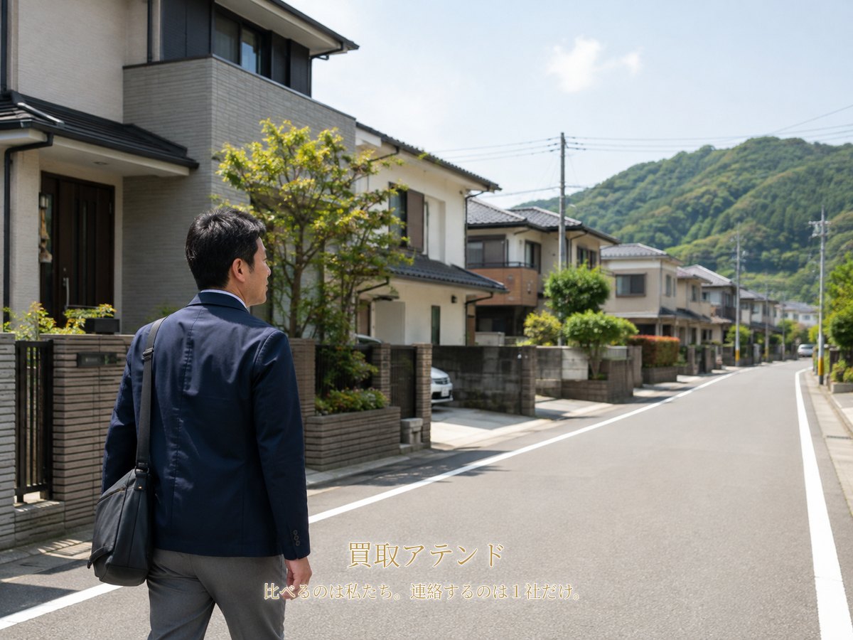 大井町の住宅地へ出張買取スタッフが訪問するイメージ 大井町の低層住宅地を日本人スタッフが小型バッグで訪問先へ向かうイメージ