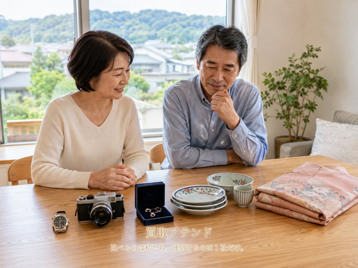 大井町で出張買取を相談できる品物のイメージ 大井町の戸建てで日本人夫婦が時計やカメラ、ジュエリー、食器、着物を確認しているイメージ