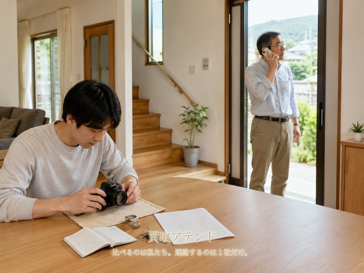 大井町の出張買取相談前に電話と建物条件を確認するイメージ 大井町の戸建てで日本人家族が電話しながら品物と保証書、鍵、建物条件のメモを確認するイメージ