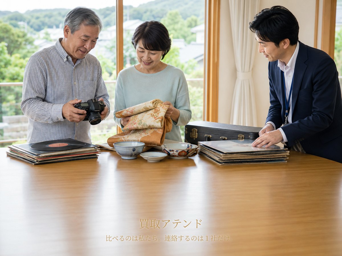 大磯町の自宅で出張買取の相談品を確認するイメージ 大磯町の戸建てで日本人の親世代と家族が着物やカメラ、食器、レコードを確認するイメージ