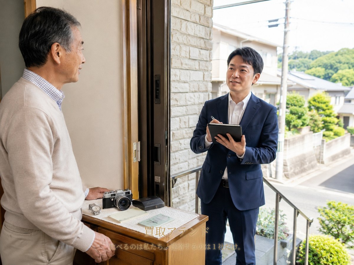 大磯町の自宅玄関で行う出張買取査定のイメージ 大磯町の戸建て玄関で住人が室内側、紹介先スタッフが屋外側から品物を確認するイメージ