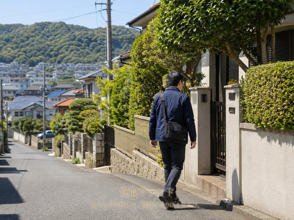 大磯町の住宅地へ出張買取スタッフが訪問するイメージ 大磯町の丘陵を背景にした住宅地で出張買取スタッフが戸建てへ徒歩で向かうイメージ