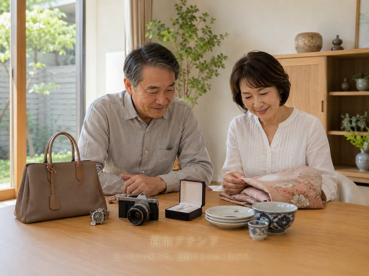 大磯町で出張買取を相談できる品物のイメージ 大磯町の明るい戸建てで日本人夫婦がバッグや時計、カメラ、着物、食器を確認するイメージ