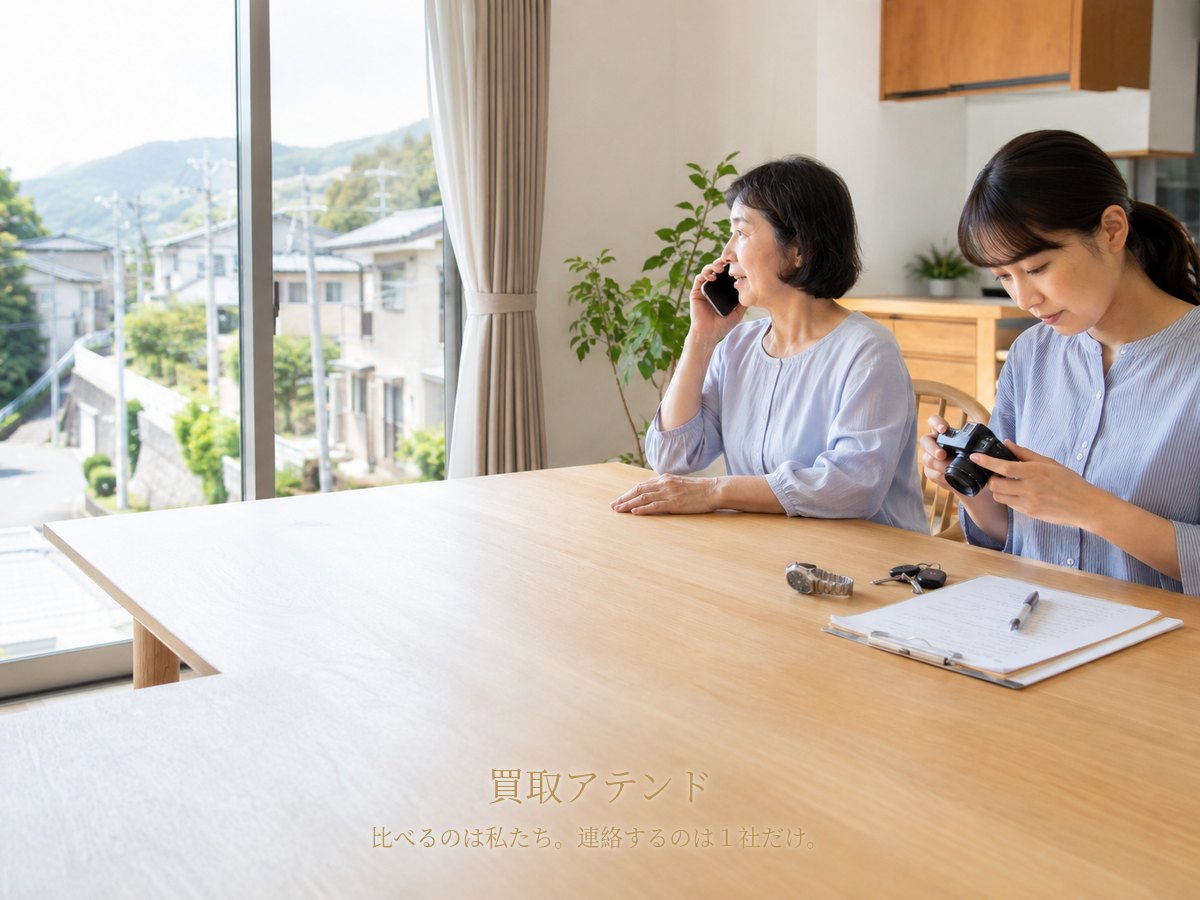 大磯町の出張買取相談前に品物と建物条件を確認するイメージ 大磯町の丘陵側住宅で日本人家族が電話しながらカメラや保証書、鍵、建物条件を確認するイメージ