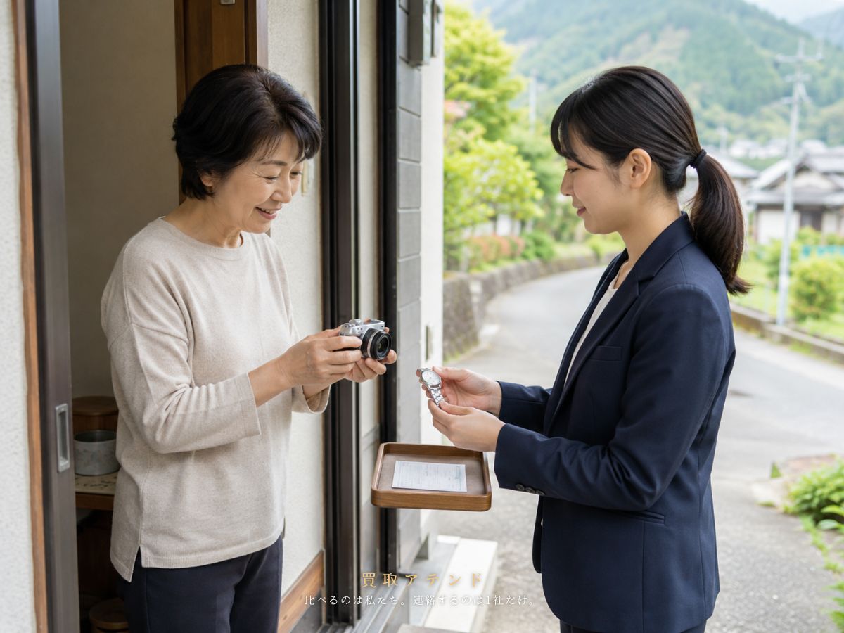 奥多摩町の玄関で出張買取の品物を確認するイメージ 奥多摩町の戸建て玄関で住人が出張買取スタッフと品物を確認しているイメージ