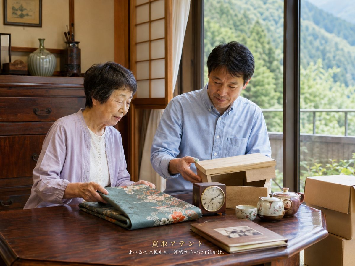 奥多摩町の自宅で出張買取を相談する家族のイメージ 奥多摩町の戸建てで日本人家族が売却を検討する品物を整理しているイメージ