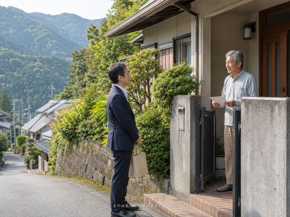 奥多摩町の住宅へ出張買取スタッフが訪問するイメージ 奥多摩町の山並みが見える住宅へ出張買取スタッフが訪問するイメージ