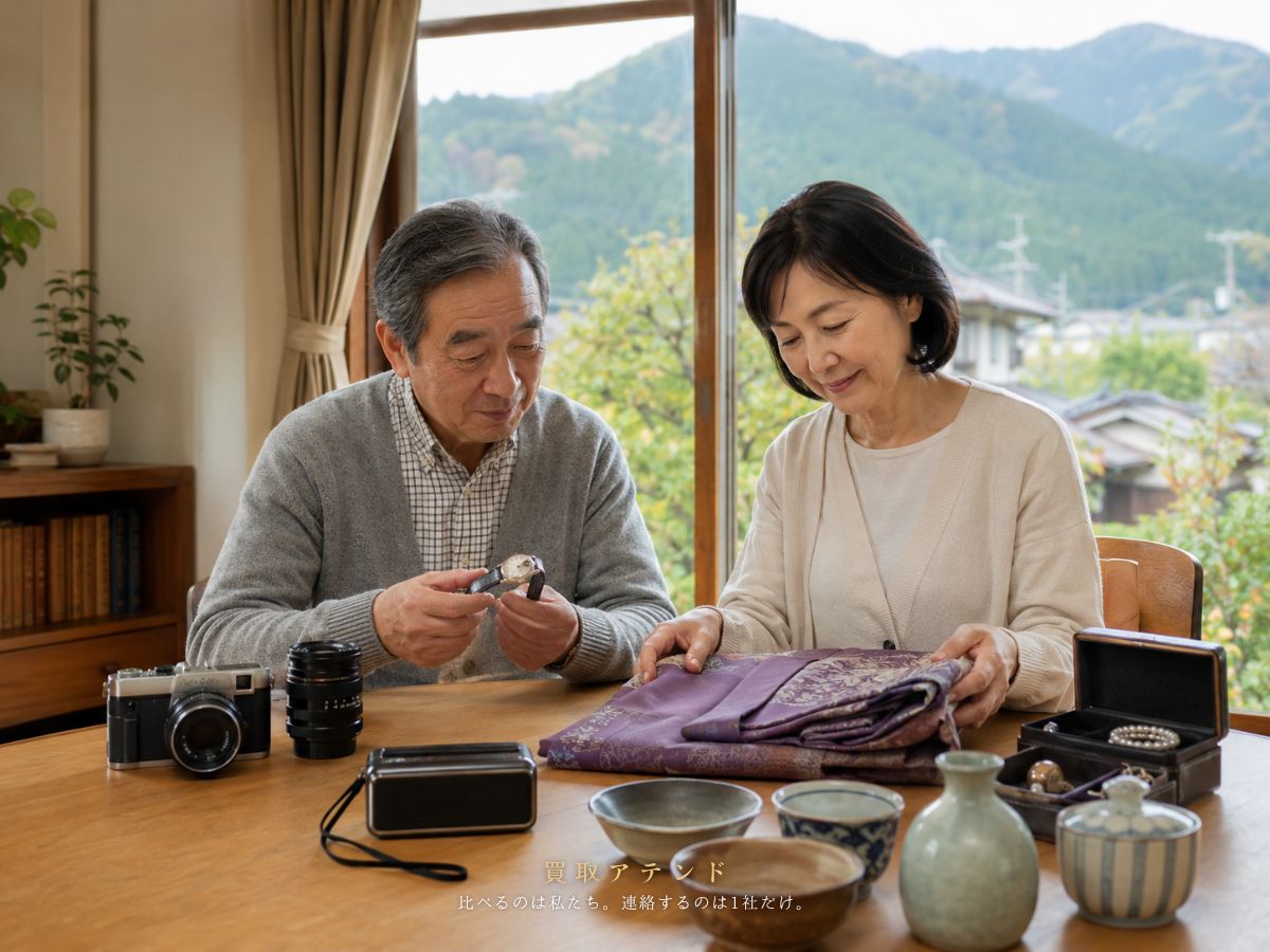 奥多摩町で出張買取を相談できる品物のイメージ 奥多摩町の戸建てで出張買取を相談できる時計やカメラや着物などを整理しているイメージ