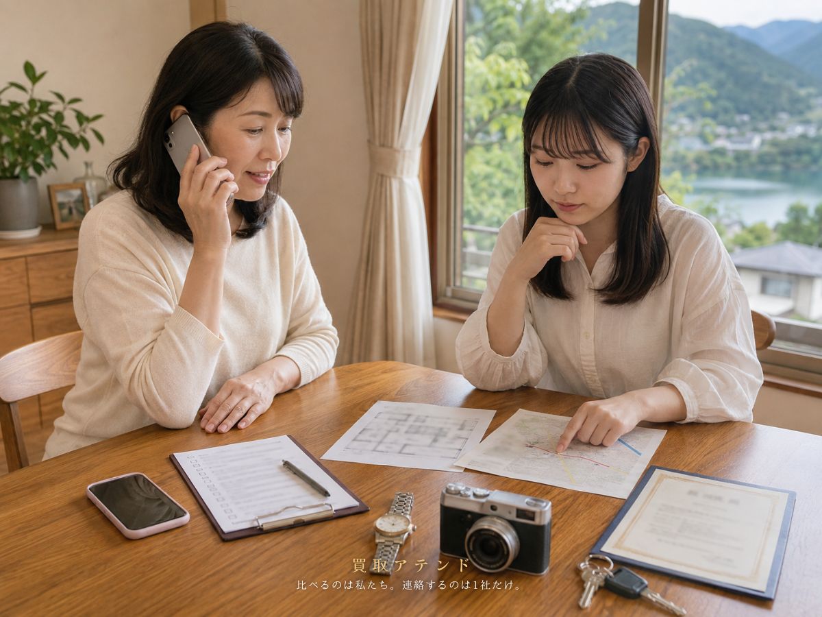 奥多摩町の出張買取相談前に内容を確認するイメージ 日本人家族が奥多摩町の出張買取相談内容を電話とメモで確認しているイメージ