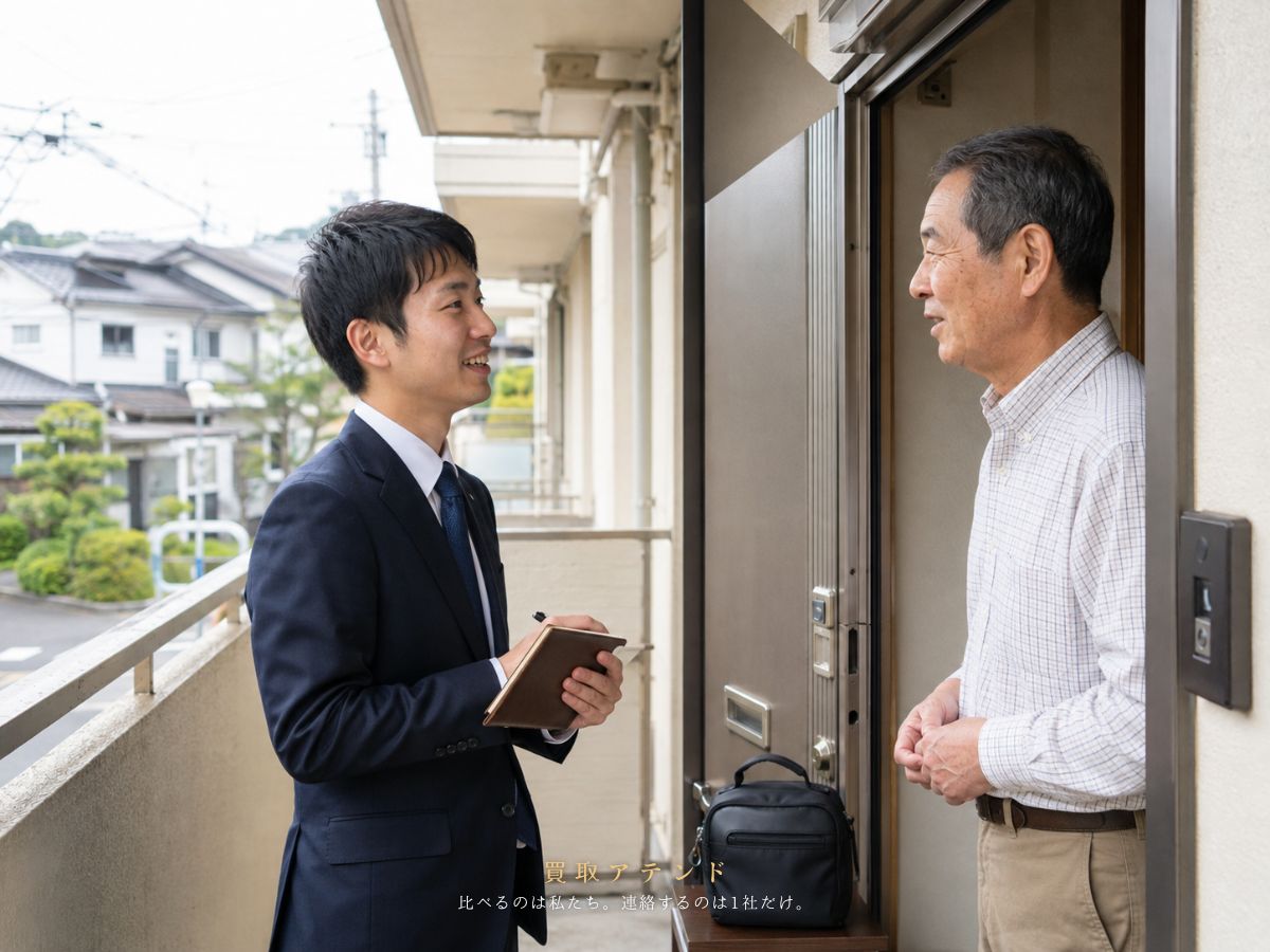 青梅市の住宅地で出張買取スタッフが玄関外から訪問しているイメージ