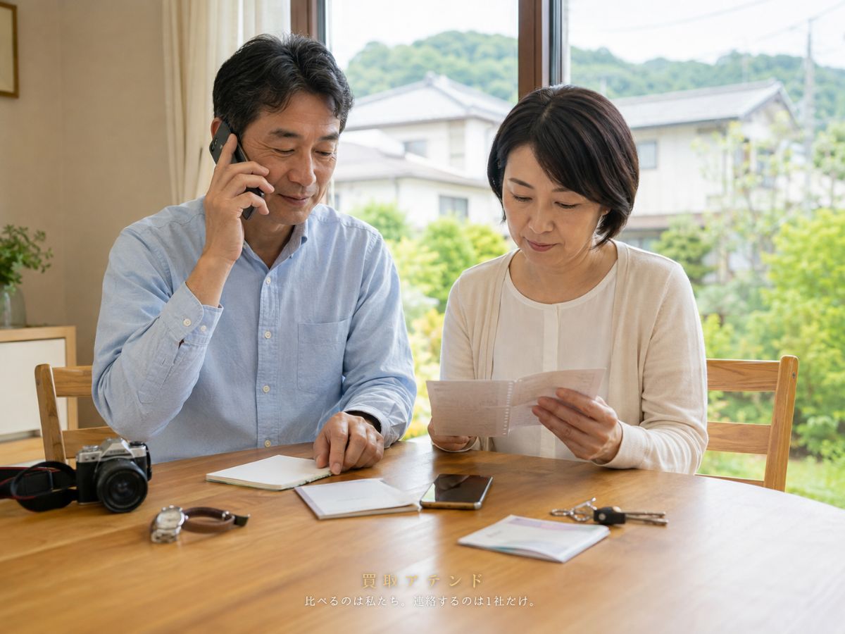 日本人夫婦が青梅市の出張買取相談内容を電話とメモで確認しているイメージ