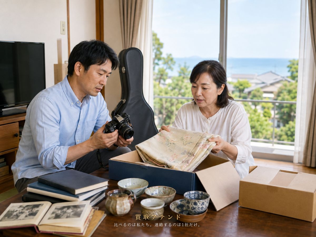 大島町で出張買取を相談する生活シーンのイメージ 大島町の戸建てで家族が出張買取を相談する品物を整理しているイメージ