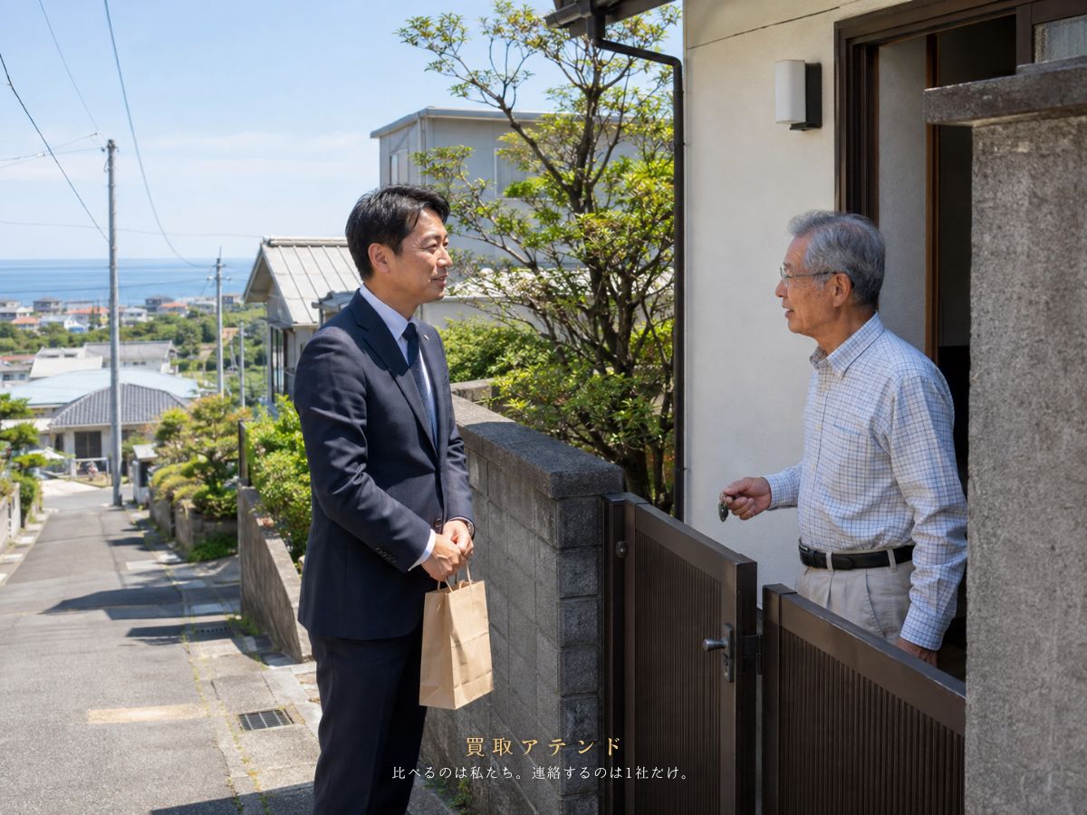 大島町の住宅地への出張買取訪問イメージ 大島町の海が見える住宅地へ出張買取スタッフが訪問するイメージ