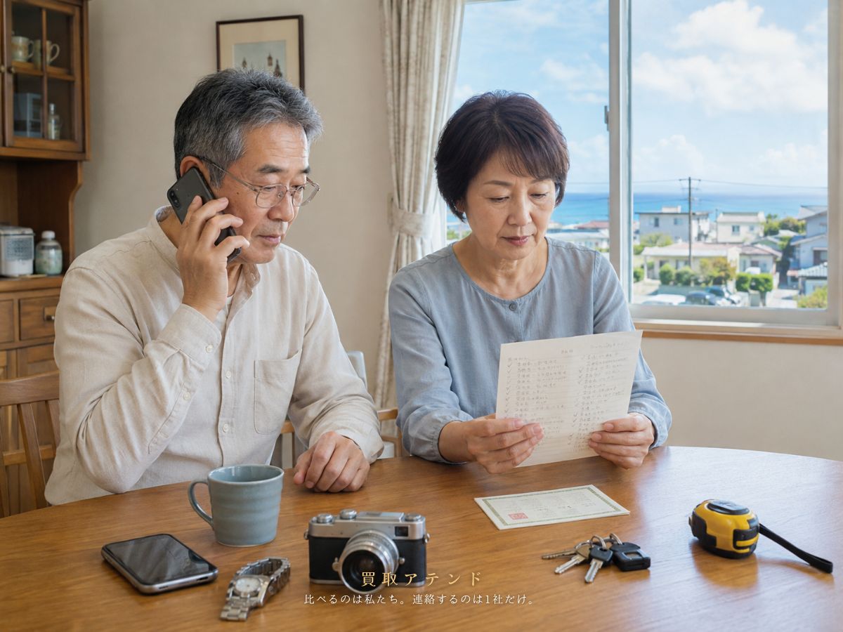 大島町の出張買取相談前に内容を確認するイメージ 日本人夫婦が大島町の出張買取相談内容を電話とメモで確認しているイメージ