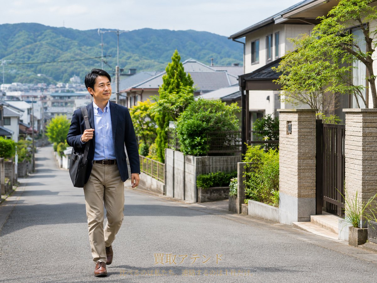 相模原市緑区の住宅街へ向かう出張買取スタッフ 相模原市緑区の丘陵が見える住宅街で日本人スタッフが戸建てへ向かうイメージ