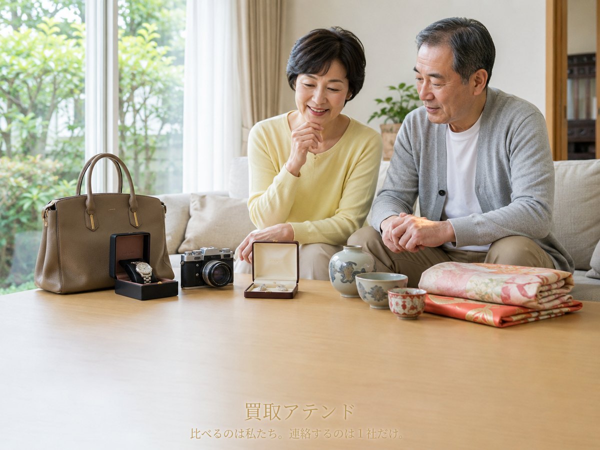相模原市緑区で相談できる出張買取品目のイメージ 相模原市緑区の住宅で日本人夫婦が時計やカメラ、ジュエリーなどの相談品を確認しているイメージ