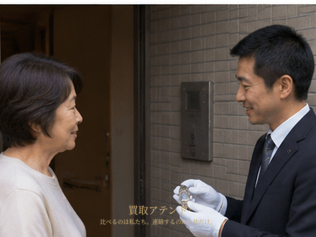 相模原市南区の玄関で行う出張買取査定 相模原市南区の集合住宅玄関で住人が室内側、紹介先スタッフが共用廊下側から品物を確認しているイメージ