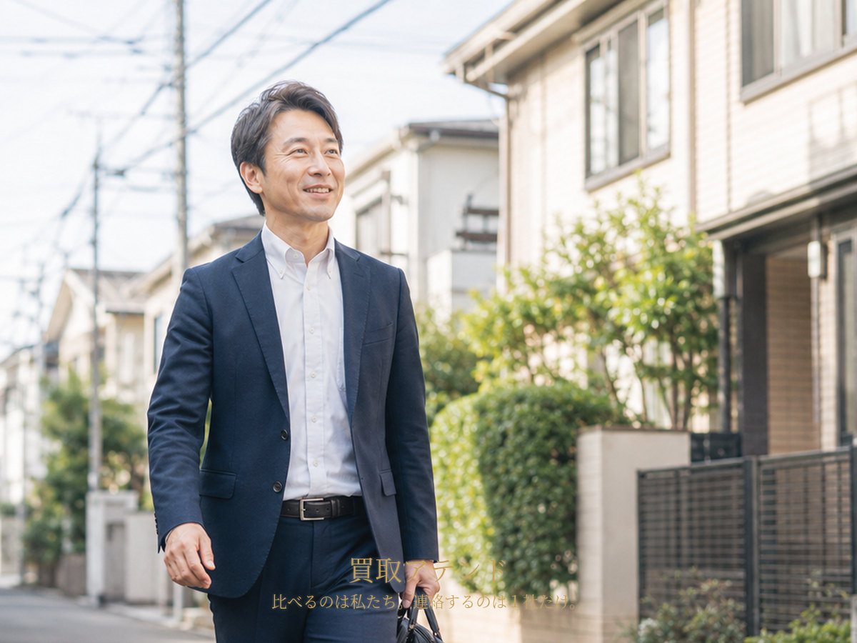 相模原市南区の住宅街へ出張買取スタッフが訪問 相模原市南区の低層住宅街で出張買取スタッフが住宅へ向かっているイメージ