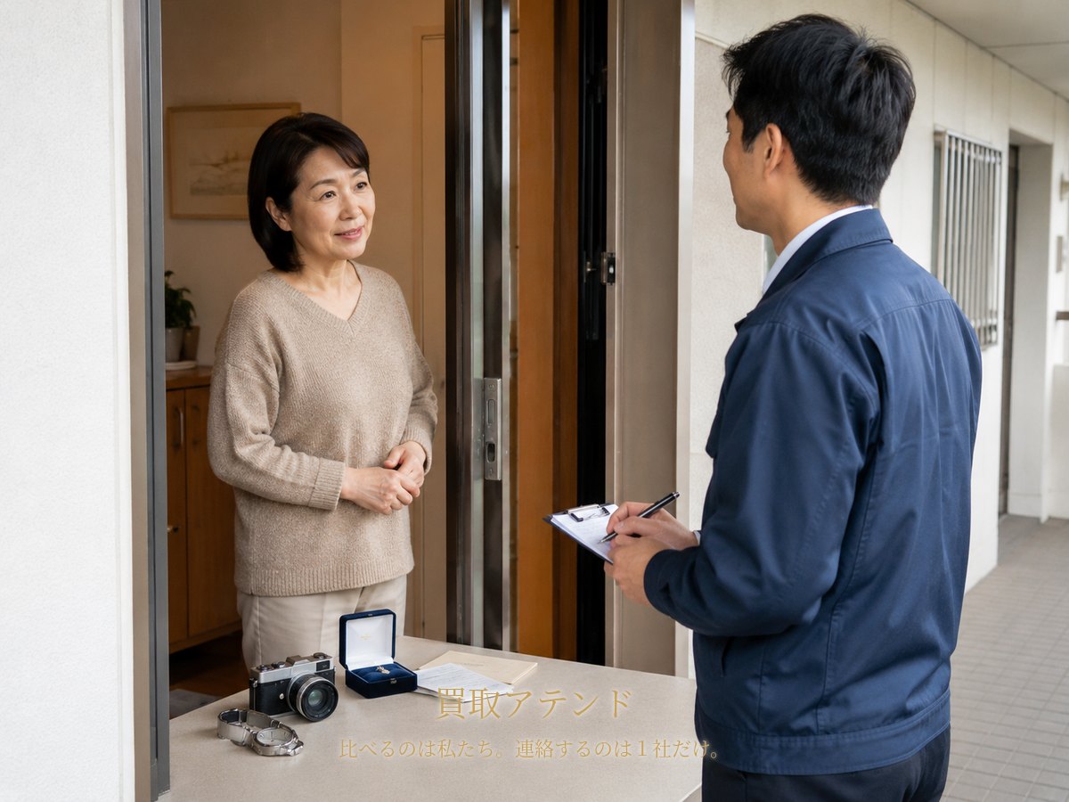 相模原市の集合住宅玄関で住人が室内側、紹介先スタッフが共用廊下側から品物を確認するイメージ