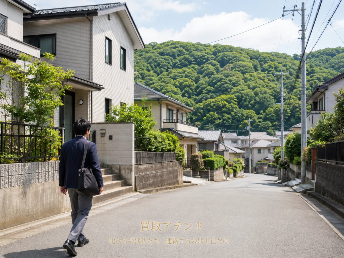 相模原市緑区の丘陵地にある住宅街で日本人スタッフが戸建てへ向かうイメージ