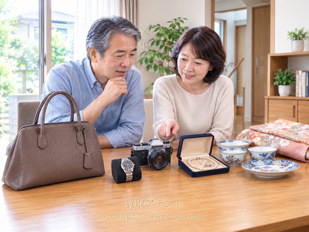 相模原市の戸建てで日本人夫婦がバッグや時計、カメラ、ジュエリー、着物を確認しているイメージ