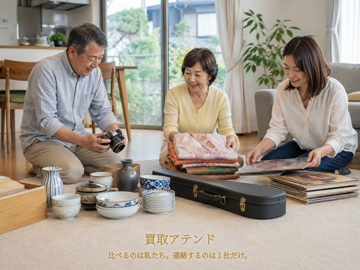 川崎市幸区の住宅で日本人家族が着物や食器、カメラ、レコード、楽器を整理しているイメージ