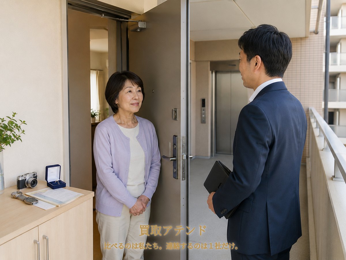 川崎市幸区の集合住宅玄関で住人が室内側、紹介先スタッフが共用廊下側から品物を確認するイメージ