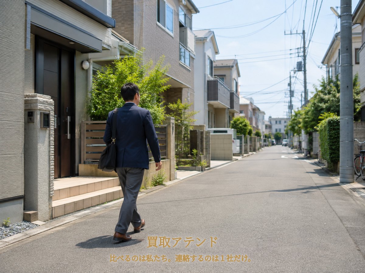 川崎市幸区の戸建てと低層住宅が並ぶ住宅街を出張買取スタッフが訪問に向かうイメージ