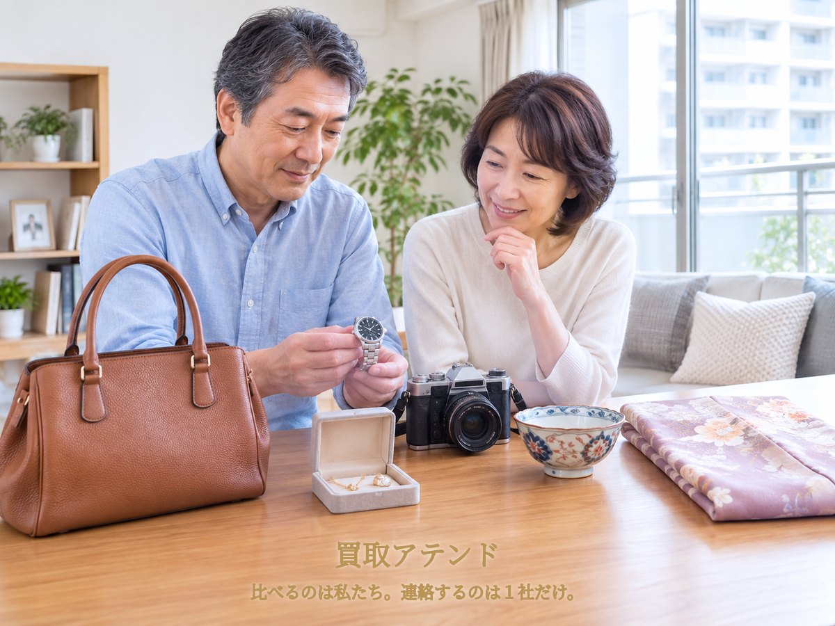 川崎市幸区の集合住宅で日本人夫婦が時計やカメラ、バッグ、ジュエリー、着物を確認しているイメージ