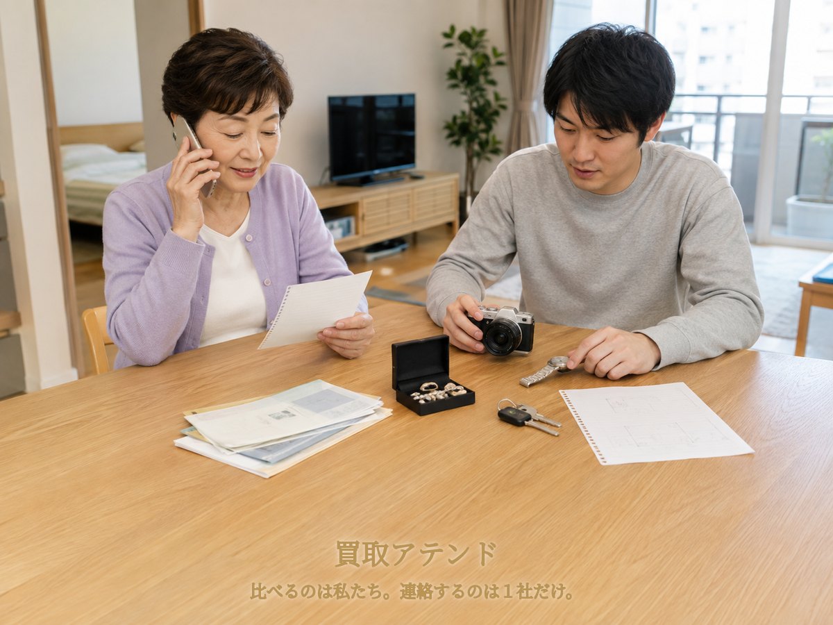 川崎市幸区の集合住宅で日本人親子が電話をしながら品物や保証書、鍵、建物条件を確認しているイメージ