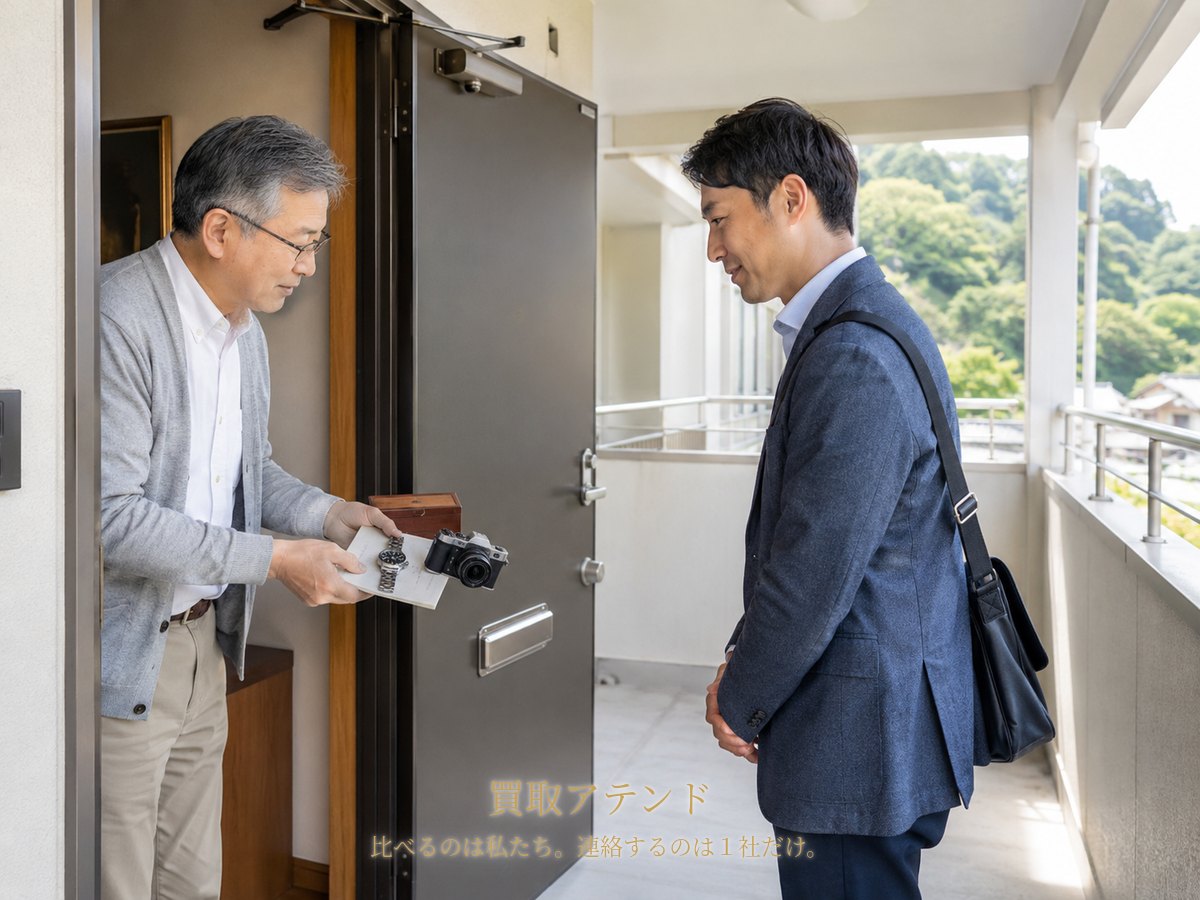 横浜市栄区の集合住宅の玄関で住人が室内側、紹介先スタッフが共用廊下側から品物を確認している様子