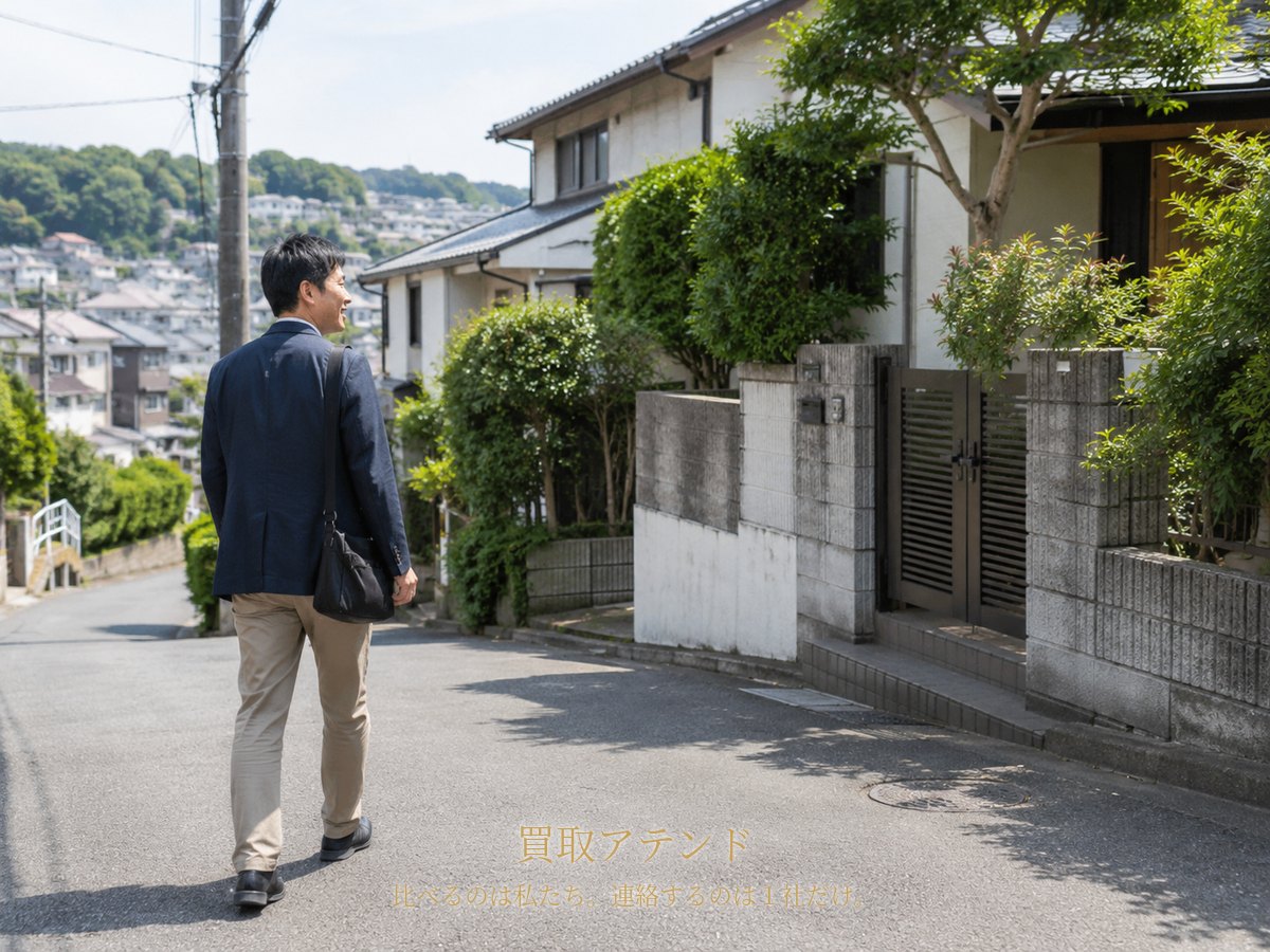 横浜市栄区の坂のある戸建て住宅地を出張買取スタッフが住宅へ向かって歩いている様子