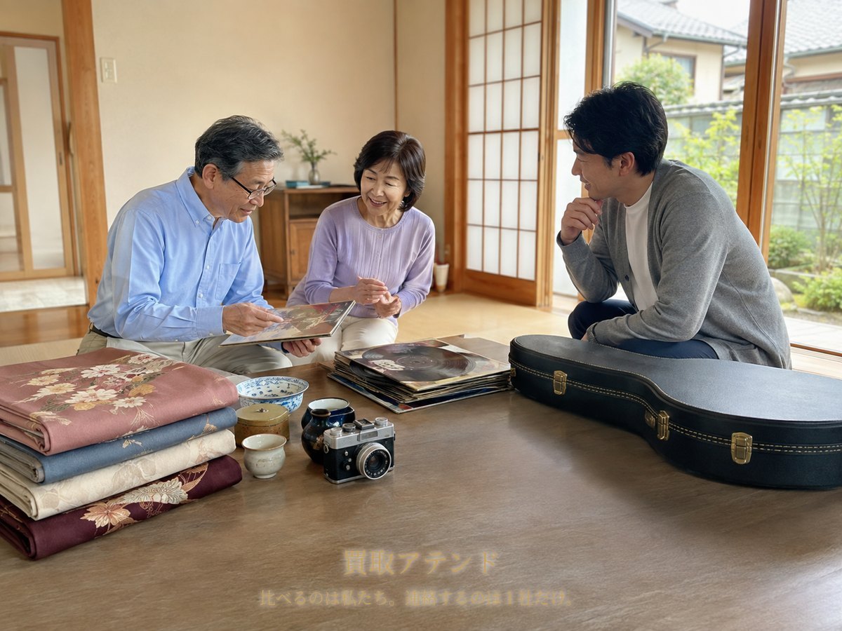 瀬谷区の自宅で出張買取の相談品を確認する家族 瀬谷区の戸建てで日本人家族が着物や食器、カメラ、レコード、楽器ケースを確認しているイメージ