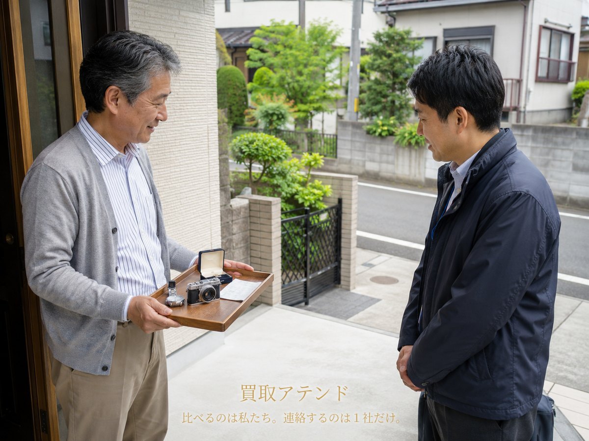 瀬谷区の玄関で行う出張買取査定のイメージ 瀬谷区の戸建て玄関で住人が室内側から時計やカメラを紹介先スタッフに見せているイメージ