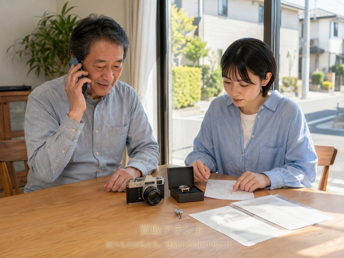 瀬谷区の出張買取相談前に品物と建物条件を確認する家族 瀬谷区の自宅で家族が電話をしながらカメラや時計、保証書、鍵、建物条件メモを確認しているイメージ