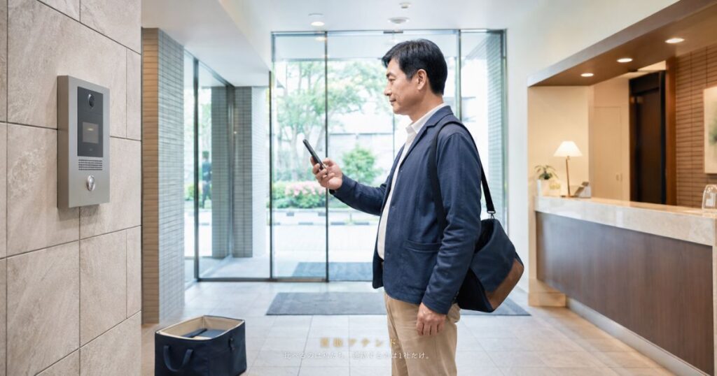 オートロック付きマンションの管理受付と入館手順を確認する日本人利用者