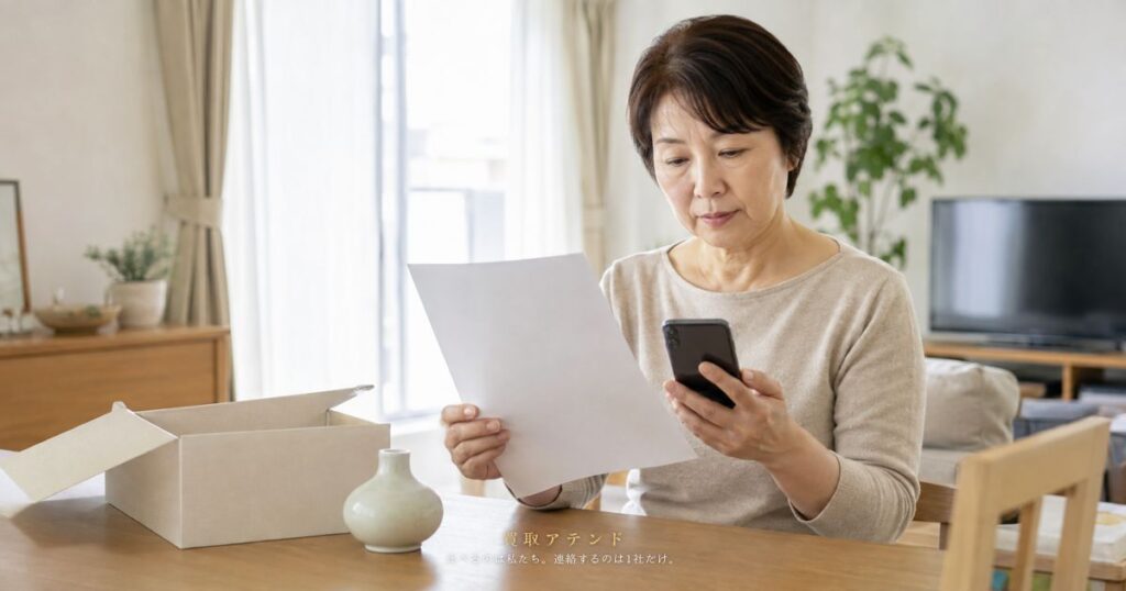 契約書面とスマートフォンを確認しながら売却候補の品物を手元に残す日本人利用者