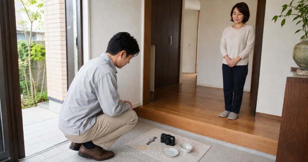 玄関の土間で査定品を確認し居室へ上がらない範囲を示す出張買取のイメージ