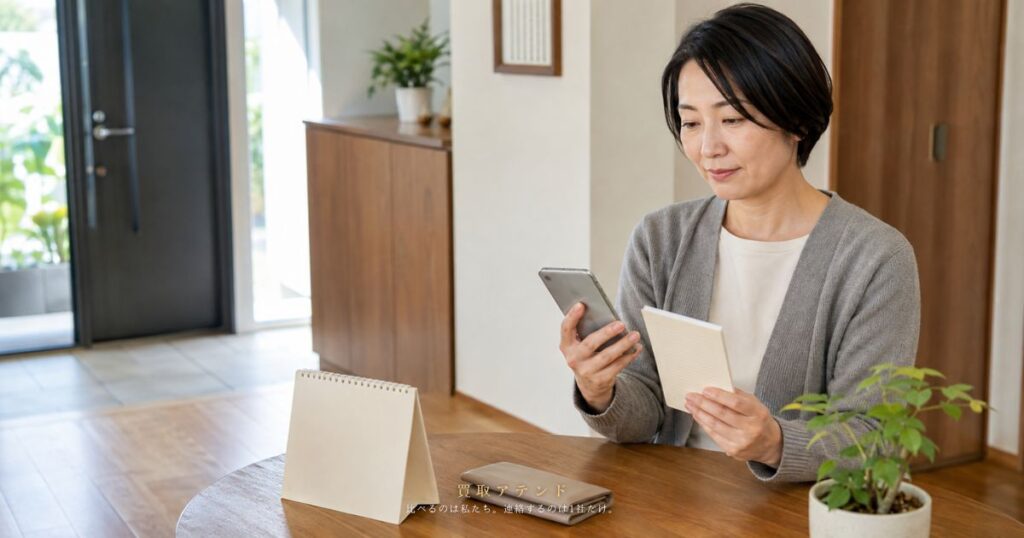 出張買取の料金条件をスマートフォンとメモで確認する日本人利用者