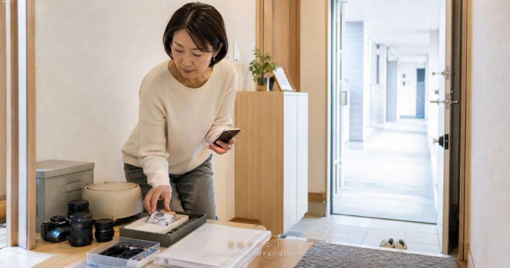 日本人女性が出張買取の訪問前に品物と付属品を玄関近くで順序よく準備しているイメージ