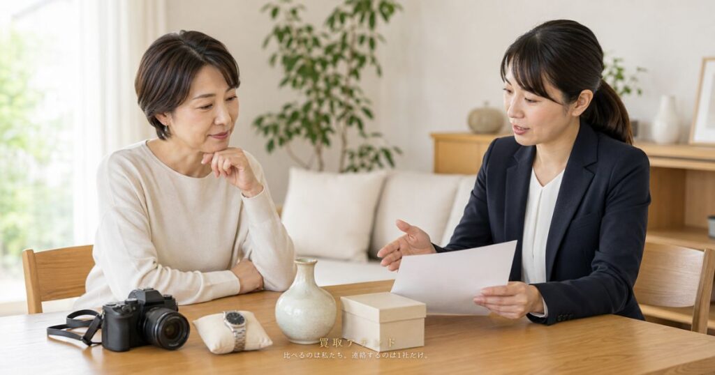 出張買取の仕組みとメリット・デメリットを初心者向けに解説するイメージ