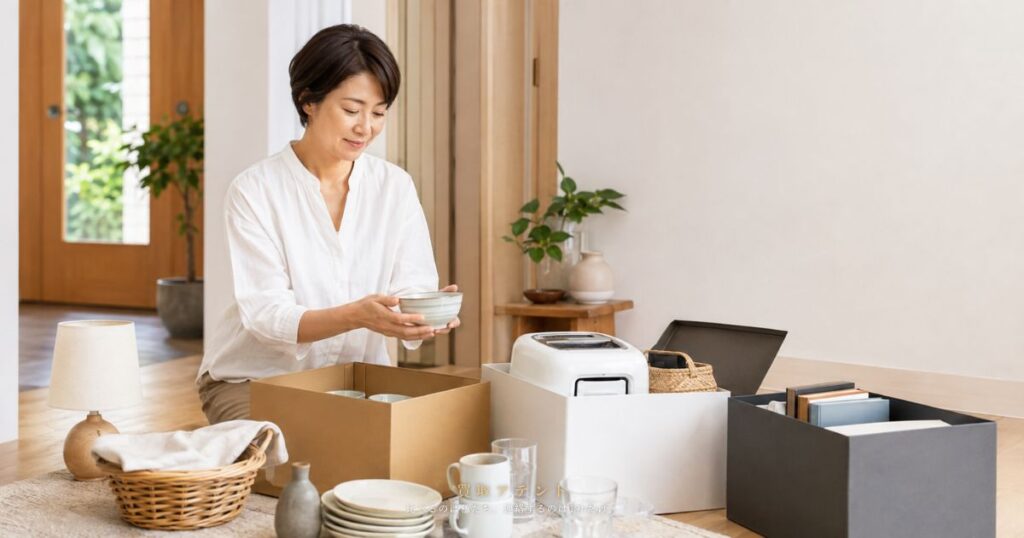 出張買取で値段がつかなかった品物を自宅で分けて整理する日本人利用者