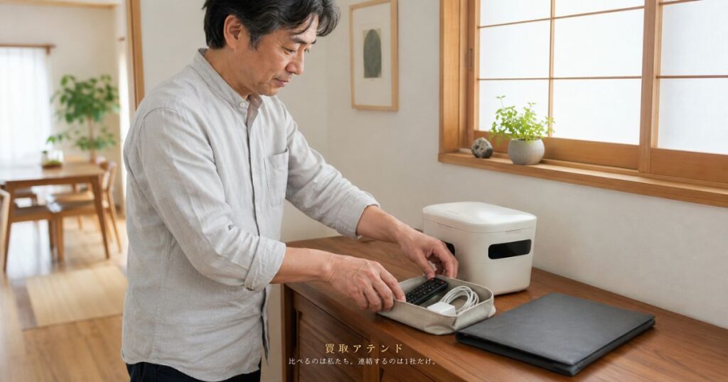 出張買取に必要な付属品と無地の書類ケースを室内で整理する日本人利用者